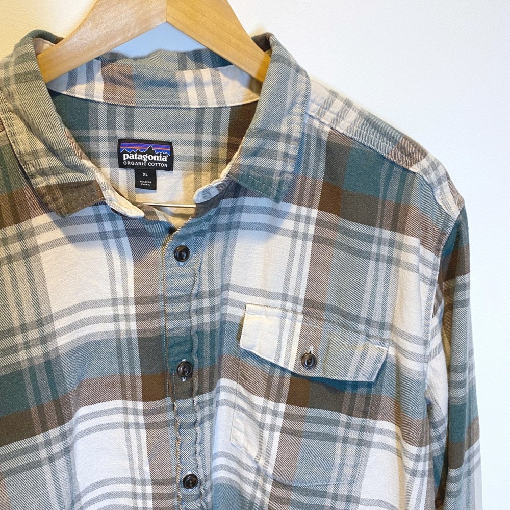 Patagonia Fjord Flannel Shirt Mens XL Teal Brown Plaid Excellent Organic Cotton